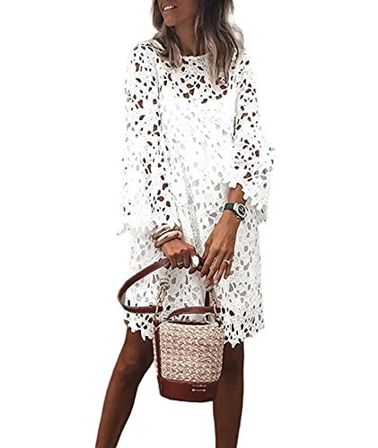 SEMATOMALA Women's Floral Crochet Lace Sheer Cover Dress Flare Hollow Out White Cami Inside 2 Piece Party Wedding Outfits2