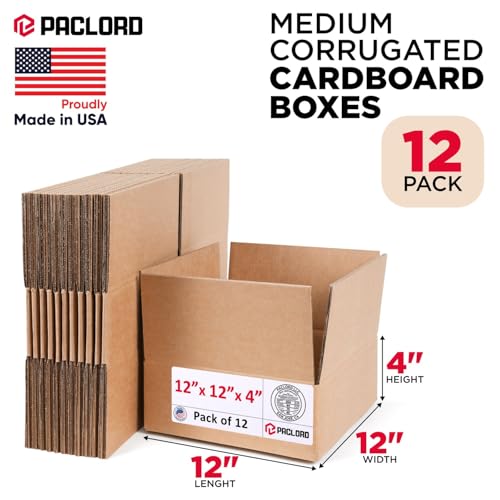 Image of Medium Cardboard Boxes 12 inchL x 12 inchW x 4 inchH (Pack of 12) - USA-Made Packing Boxes for Moving, Shipping, or Storage - USPS, UPS, FedEx Approved - Professional Packing Supplies for Moving