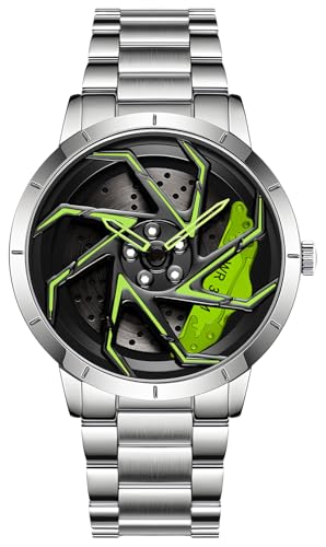 Image of Gosasa Men Racing Watches Rotatable Car Rim Wheel hub Design Sports Watches Stainless Steel Waterproof Watch, Silver Green, sports fashion