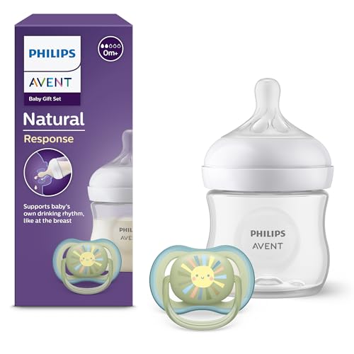 Philips Avent Natural Response, set de regalo para bebés: biberón Natural Response de 125 ml con tetina T2 (para bebés de 0 meses o más), chupete Ultra Air, modelo SCD837/10