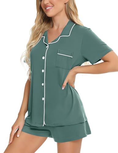 Image of SWOMOG Womens Button Down Pajamas Set Short Sleeve Sleepwear Bride Soft Pj Lounge Sets XS-3XL