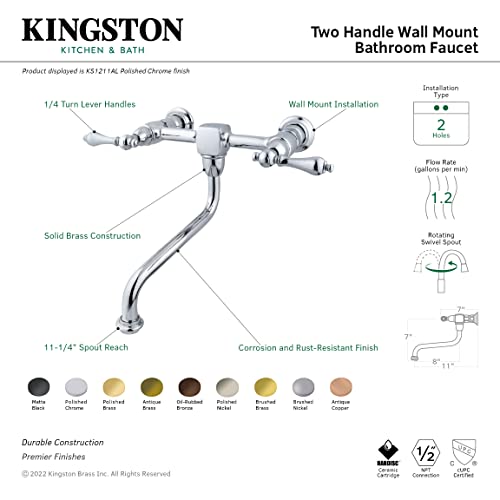 Robinetterie murale Kingston Brass KS1210AL noir mat pour vasque - 4