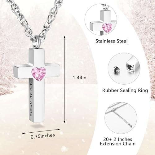 SOITIS Cremation Cross Necklace for Ashes, Cross Urns Silver Pendant Ashes Holder, Stainless Steel Memorial Jewelry with Birthstone - With Me Always2