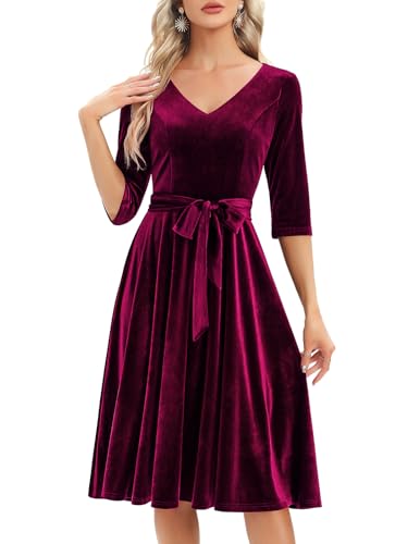Bbonlinedress Samtkleid Damen Langarm Midilang Abendkleid elegant für Hochzeit Winter Festliche Kleider Vintage Rockabilly Cocktailkleid Party...
