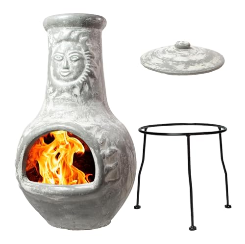 Wiosi Medium Chiminea Outdoor Fireplace Grey Clay Chimineas with Chimney Rain Lids and Solid Metal...