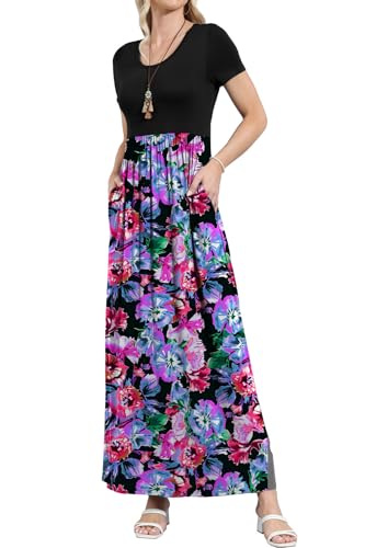 Image of EUOVMY Women's Short Sleeve Loose Plain Maxi Dresses Casual Vacation Long Dresses with Pockets