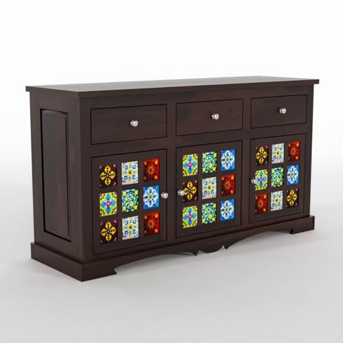 Image of Sheesham Wood Sideboard and Cabinets | Wooden Side Board Tv Cabinet with Multicolor Tiles for Living Room | Free Standing Buffet with 3 Drawers & 3 Door Cabinet Storage, Walnut Finish