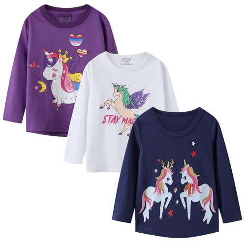Kids Girl Long Sleeve T-Shirts Unicorn Christmas ELK Graphic Winter Cotton Casual Crewneck Tunic Tops Tee Shirts Sets 3 Pack Size 6