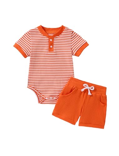 Hihosdor Baby Boy Clothes Ribbed Short Sleeve Striped Romper Top Solid Color Shorts Set with Pockets Baby Boy Summer Outfits, Orange, 12-18 Months