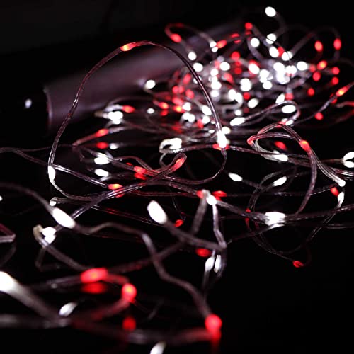 Qbis Lichterkette Außen, Batteriebetriebene Weihnachtslichter, Rote und Weiße Lichter Multifunktion Mikrolichter mit Timer, Silberdraht (100 LED Silberdraht) Cover