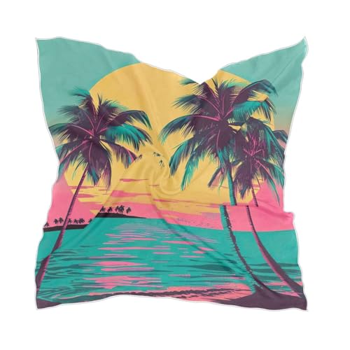 Square Scarf Sunset Beach Palm Tree Silk Feeling Bandanas Head Scarfs Hair Wraping Neckerchief for Women 23.6 Inch