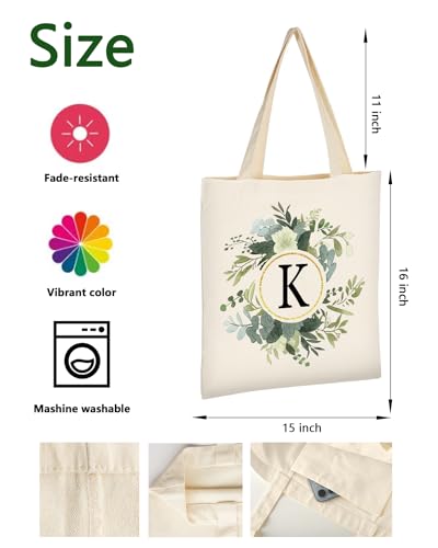 Image of AUSVKAI Canvas Tote Bag for Women, Cute Aesthetic Leaf Initial Trendy Cotton Reusable Personalized Birthday Bags