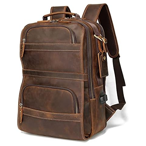 LANNSYNE Vintage Genuine Leather Backpack For Men 15.6 Inch Laptop Bag School Bag Overnight Weekender Camping Daypack Rucksack, Brown, L, Rucksack Backpacks Cover