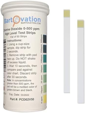 Bartovation Chlorine Dioxide Single Factor Test Strips, 0-500 ppm [Vial of 50 Strips]