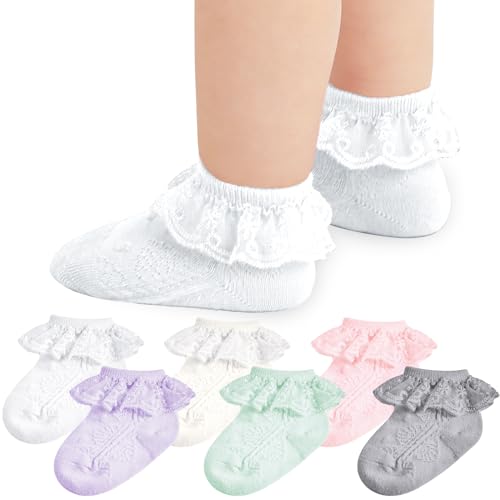 Image of Baby Girl Lace Socks Newborn Ruffle Socks Cute Infant Princess Dress Frilly Sock 0-24 Months 5/6 Pack