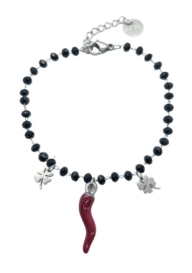 SAGA GIOIELLI® Bracciale Donna Portafortuna Cuore Stella Quadrifoglio Corno Acciaio