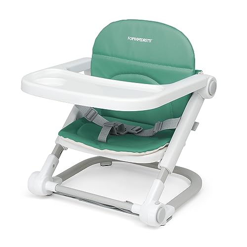 Foppapedretti Kindersitzerhöhung Lift, Kinder von 6 Monaten bis 3 Jahren (bis 15 kg), abnehmbares und tragbares Tablett, inklusive Tasche, herausnehmbare und waschbare Polsterung, 3 Höhen, Grün