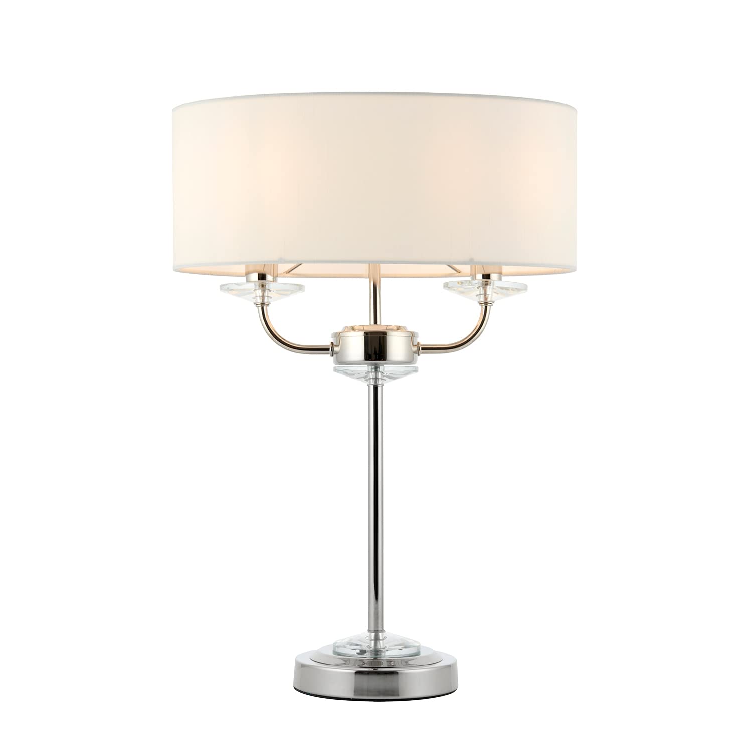 National Lighting Kennedy Modern Inline Switch Bright Nickel Table Lamp with Crystal Detail and White Fabric Shade