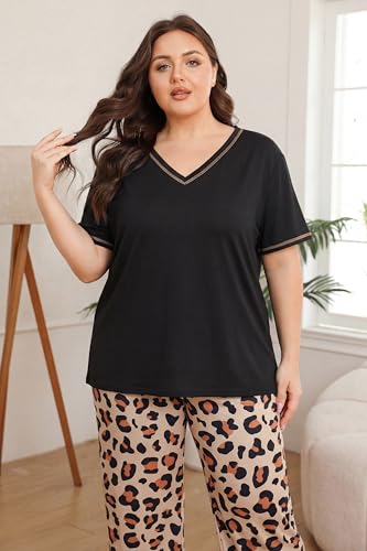 Image of Vozanet Women's Plus Size Pajama Sets Short Sleeve Long Pants Solid Color with Piping Trim Elegant Loungewear Cozy Sleepwear