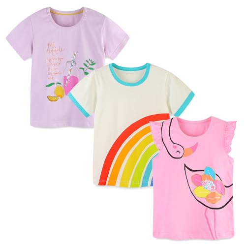 Image of Toddler Girls Short Sleeve Cotton Graphic T-Shirt Tops Casual Clothes 3 Pack Size 2-7Y