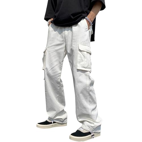 Maiyifu-GJ Men's Jogger Sweatpants Open Bottom Warm Fleece Lined Cargo Pants Relaxed Fit Tapered Work Pants with Pockets (White4,X-Large)