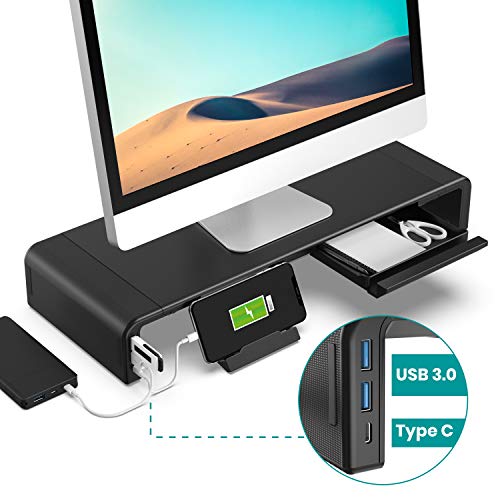 Klearlook (USB 3.0 Hub+Type C Port) Foldable Monitor Stand, 24W Quick Charge+5Gbps High-Speed Data Transfer Desktop Monitor Riser with 3-Width&Storage Drawer&Phone Holder forComputer/Printer/Laptop/TV