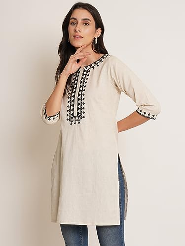 Image of Brownverse Pure Cotton Embroidered Women Short Kurti