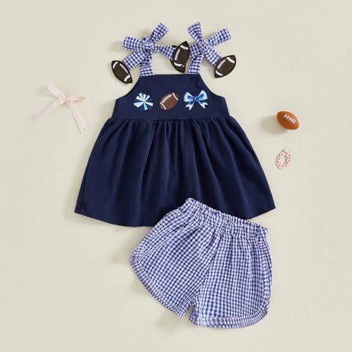 Dcohmch Baby Girl Summer Clothes Toddler Football Outfits Bow Straps Rugby Print Camisole Elastic Plaid Shorts Set2