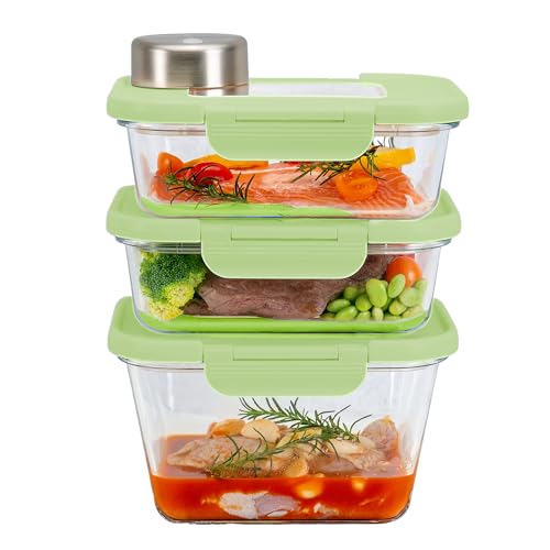 SealVax®SeasonSeal Vacuum-Sealed Food Storage & World’s First Cycle Marinating Set with Auto-Stop Vacuum Sealer, Includes 75 fl oz+Two 46 fl oz Glass Containers - 100% Leak Proof, BPA-FREE, (Green)