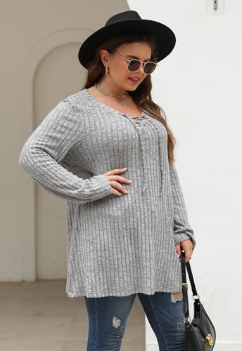 Image of Nemidor Women Plus Size Casual Tunic Top Drawstring V Neck Long Sleeve | 1X-5X plus, ribbed knit, long sweater, solid, semi-fitted flattering cut for curvy women, Fall, Winter, work, daily, dinner
