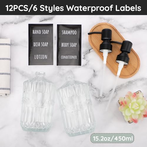 Image of Segbeauty 15.2oz Glass Soap Dispenser Refillable, 2pcs Empty Bathroom Hand Soap Dispenser with Stainless Steel Pump, 450ml Clear Lotion Pump Bottle with Labels, Vintage Shampoo and Conditioner Bottle