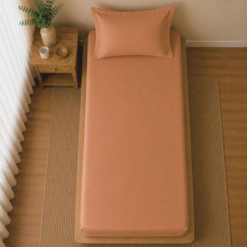 Image of Linen Home Cotton Percale Fitted Bedsheet Set Single Size Tera Clay