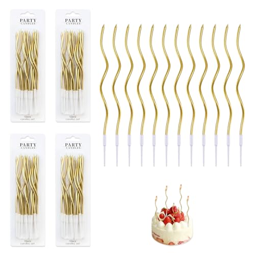 48 Stück Spiral Kuchen Kerzen Geburtstagskerzen für Torte Party Dekoration Kerzen mit Ständer. Metallic Tortendeko für Geburtstag Kinder Erwachsene Hochzeit Jubiläum Party Goldene 15 cm Hoch