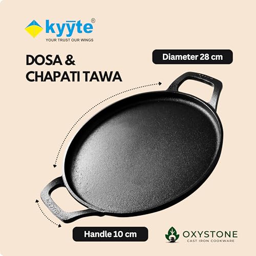 Image of Kyyte OxyStone Pre-Seasoned Cast Iron Tawa for Roti and Dosa 11'' Inch (28 Cm) Dia, Uthappam /Chapati /Naan /Paratha /Pizza Pan Naturally Nonstick,100% Pure,No Chemical Coating Gas Induction OTG Friendly.