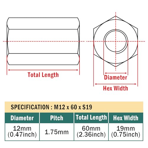 Image of 1pc M12x60xS19 Right and Left Hex Coupling Nuts,304 Stainless Steel Hex Rod Connector