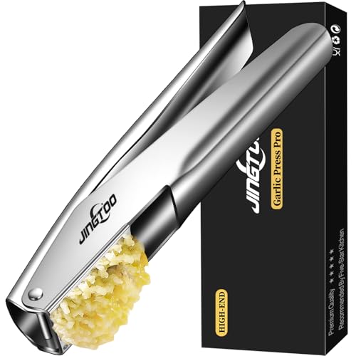 Comparison: Best Stainless Steel Garlic Press 9 JINGTOO Garlic Press Stainless Steel, Premium Garlic Mincer - 5 Years Warranty - No Need to Peel Garlic Crusher, Ginger Masher & Presser Large Trough Ergonomic Handle, Easy Squeeze,Dishwasher Safe