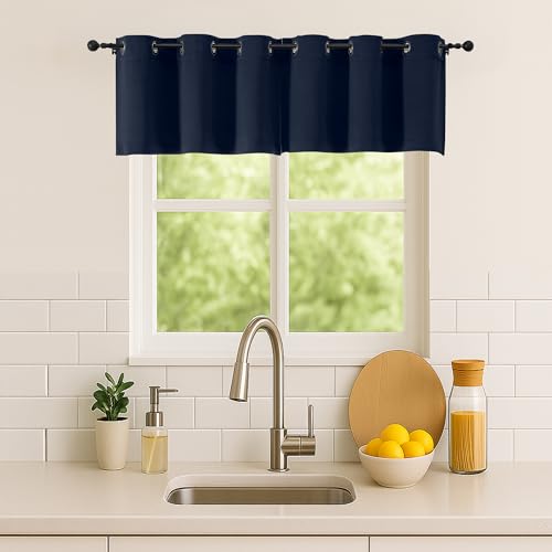 Image of Simplebrand Navy Blue Window Valance for Kitchen 14 Inches Long 2 Panels Set, Room Darkening Valance Curtains for Living Room, Grommet Short Privacy Kitchen Curtains for Bedroom Kids Room, 40Wx14L
