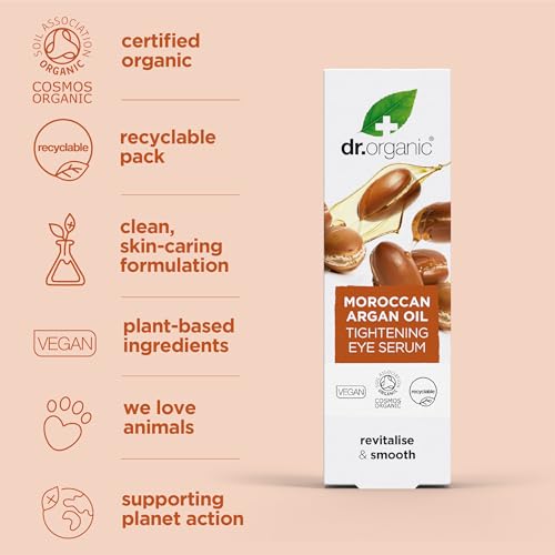 Dr Organic Moroccan Argan Oil Eye Serum, Revitalising, Fine Lines, Mens, Womens, Natural, Vegan, Cruelty-Free, Paraben & SLS-Free, Certified Organic, 30ml
