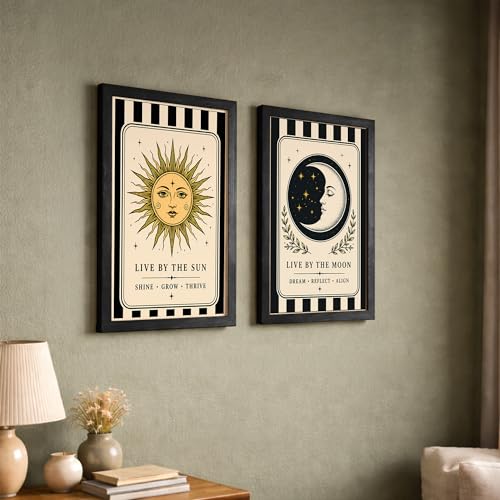 Image of NoWorries Sun & Moon Wall Art Set of 2, Celestial Boho Decor, Vintage Tarot Inspired Prints, Spiritual Wall Decor for Bedroom, Living Room & Meditation Space (Art-16, 13x19inch)