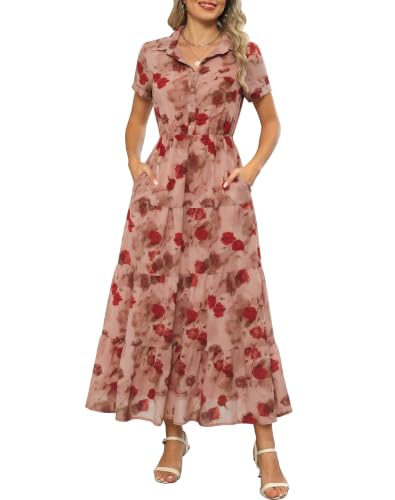 Image of Kranda Women 2026 Summer Collared V Neck Short Sleeve Button Down Chiffon Long Tiered Floral Maxi Dress with Pockets