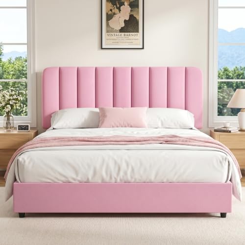 Image of VECELO Full Size Upholstered Bed Frame with 4 Drawers and Headboard, Velvet Platform Storage Bedframe, Wooden Slats Support, No Box Spring Needed,Pink