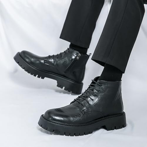 Men'S Leather Platform Chunky Low Heel Oxford Chukka Boots With Side Zipper Vintage Round Toe Lug Sole Non-Slip Lace-Up Business Dress Ankle Boots Casual Combat Boots For Work Office4