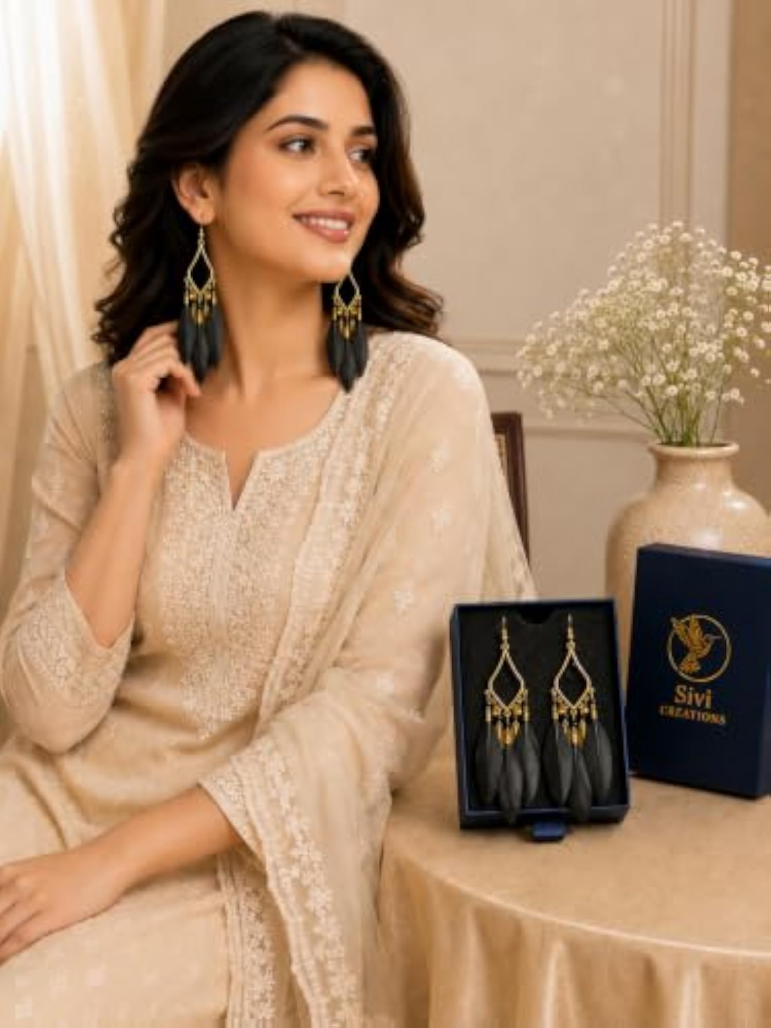 Women's Black Bohemian Feather Tassel Drop Earrings