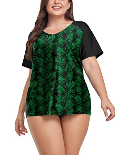 Foreyond Plus Size Rash Guard Shirt For Women Short Sleeve Swimingsuit Top Uv Upf 50+ Sun Protection Summer Swim Shirts Green Leaves #TOP17