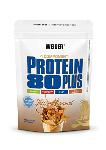Weider - Protein 80 Plus - 4-Komponenten Protein Pulver - Hoher Proteingehalt mit 80% Eiweiß - Cremige Shakes mit Calcium & Vitamin B6 - 500g - Toffee Caramel