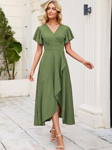 Image of Long Black Formal Dresses for Women Gowns Evening Party Cocktail Dress,Split Elegant V Neck Wrap Ruffle Wedding Guest Dresses