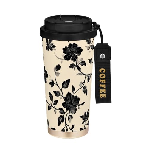 Selerdon 17 oz Insulated Coffee Mug Black Flower with Straw and Leak Proof Lid Double Wall Water Bottle Stainless Steel Vacuum Thermal Travel Drinking Cup for Hot/Cold Drink
