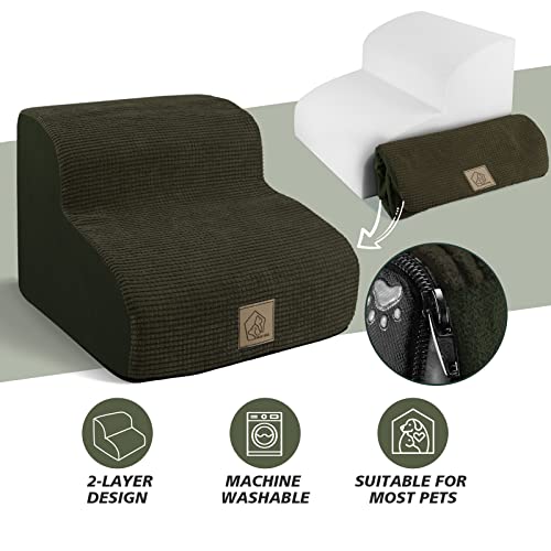 2-Tiers High Density Foam Stairs For Dogs And Cats,Gentle Slope Ramp Steps Stairs For Indoor Small Short Leg Dogs,Nonslip Bottom Washable Fabric Cover,1 Pcs Lint Roller With 2 Refills,Brownish-Green #TOP3
