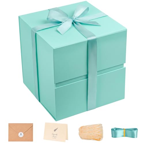 Image of LIFELUM Green Blue Gift Box with Magnetic Lid 10.2 x 10.2 x 10.2 inch, 1 Pack Square Gift Box with Shredded Paper Filler, Greeting Card, Ribbon for Presents, Birthday, Bridal Gifts, Wedding