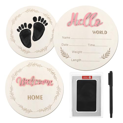 Image of 2 Pcs Baby Announcement Sign, 5.9in Hello World Newborn Sign with Ink Pad Pen, Birth Announcement Sign Wood Baby Name Sign for Hospital Nursery Baby Shower Photo Prop